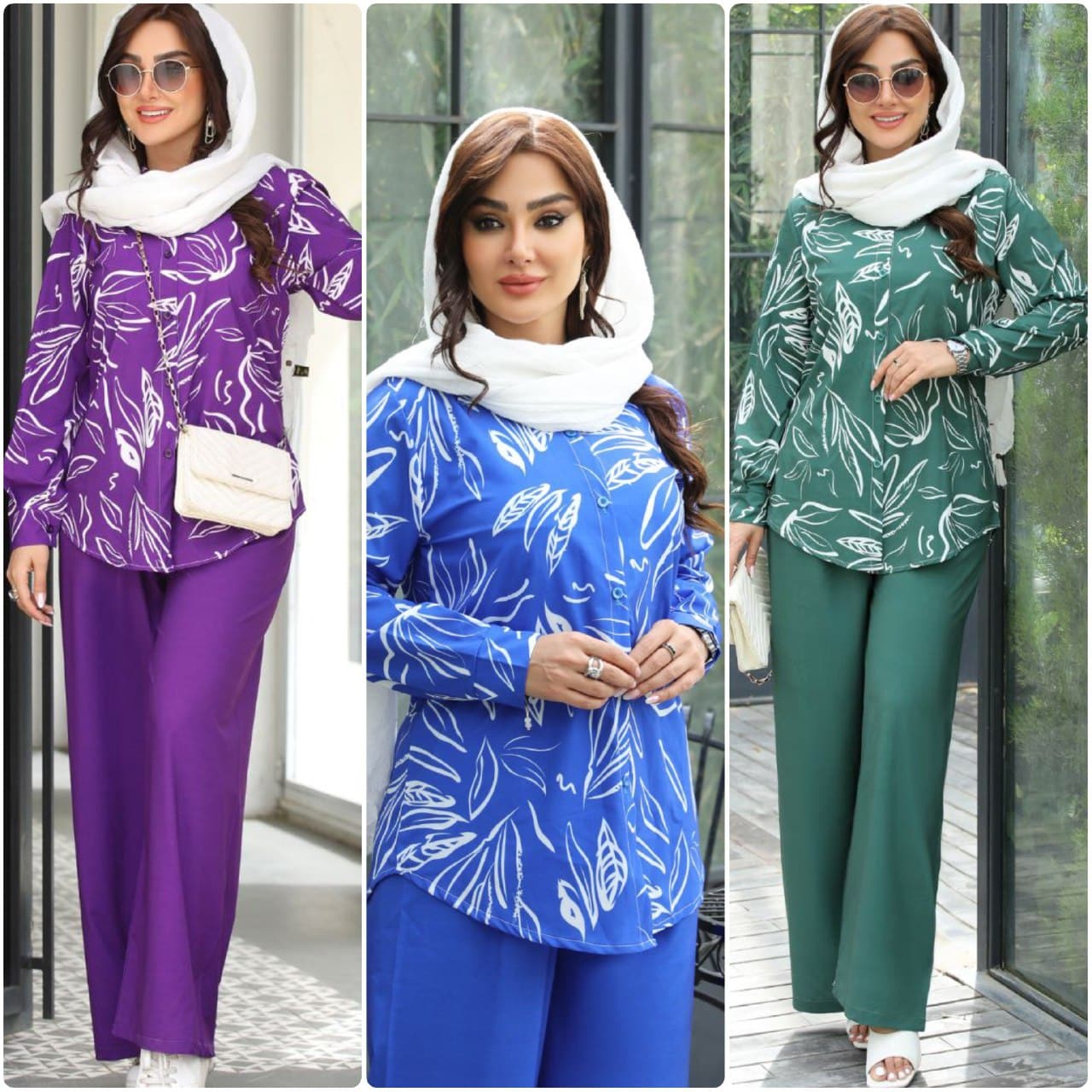 ست شومیز و شلوار، ست بهاره، ست زنانه، بوگاتی، شومیز، شلوار، سایز فری، رنگبندی، بنفش، سبز، طوسی، کاربنی، کله غازی، مشکی، استایل شیک، استایل راحت، خرید آنلاین، قیمت مناسب.